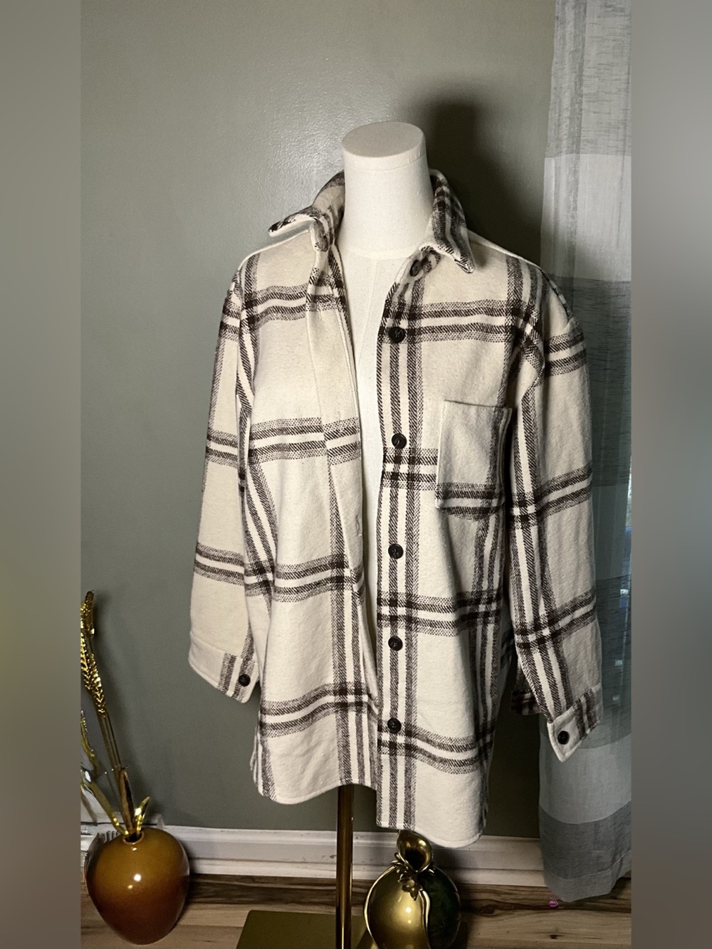 Princess Polly Hatcha Jacket Cream Plaid Jacket White & Brown Large NWT